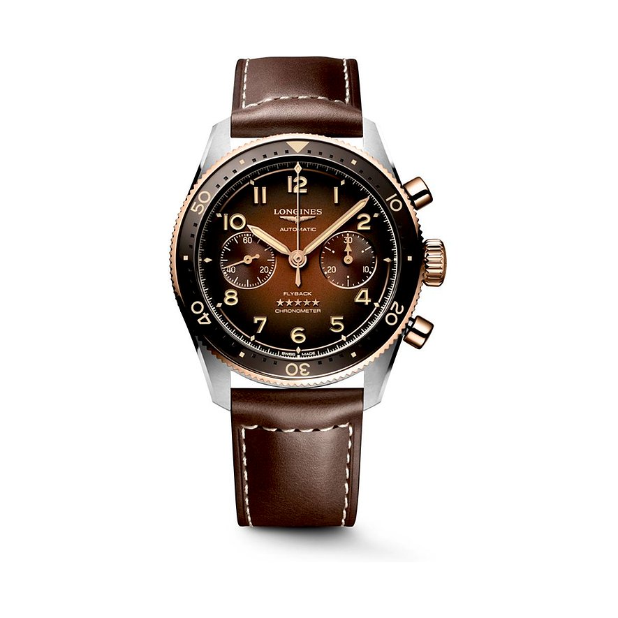 Longines Herrenuhr Longines Spirit Flyback L38215592, Herren, Edelstahl, 750er Gelbgold, Armband: Leder, Automatik, analog