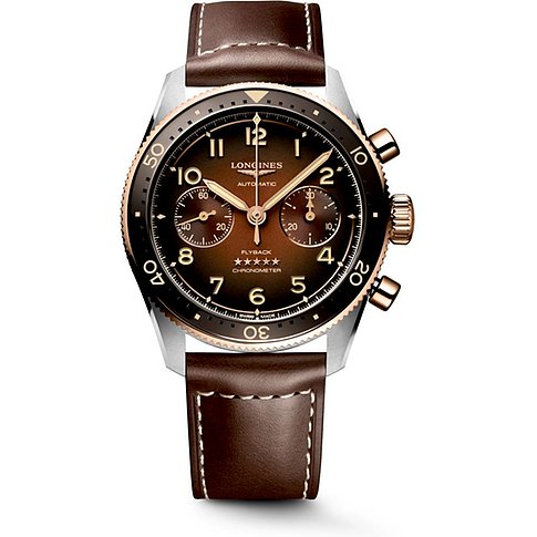 Longines Herrenuhr mit Edelstahlgehäuse, Gelbgold-Lünette, braunem Zifferblatt und Lederarmband.