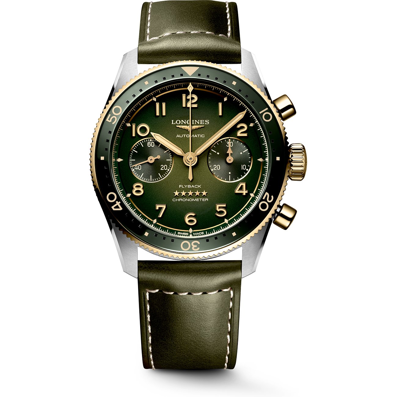 Longines Herrenuhr mit Edelstahlgehäuse, gelbgoldfarbener Lünette und grünem Zifferblatt.