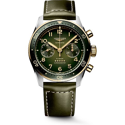 Longines Herrenuhr mit Edelstahlgehäuse, gelbgoldfarbener Lünette und grünem Zifferblatt.