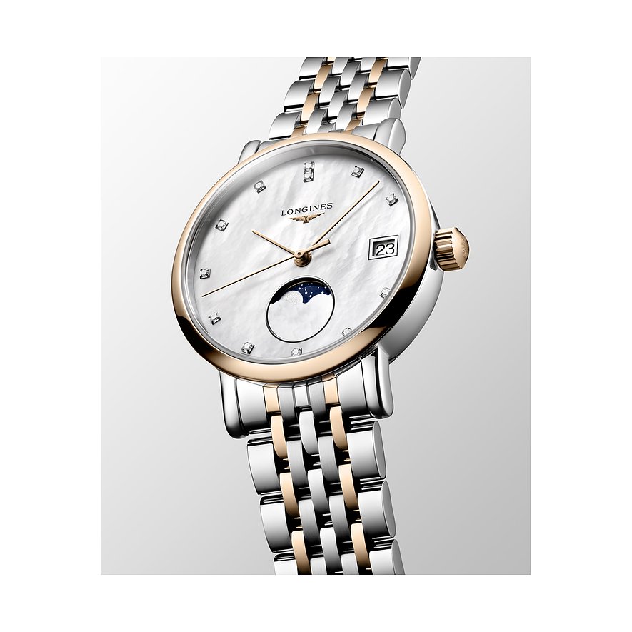 Longines Damenuhr mit Edelstahlgehäuse, roségoldfarbener Lünette und Diamanten.