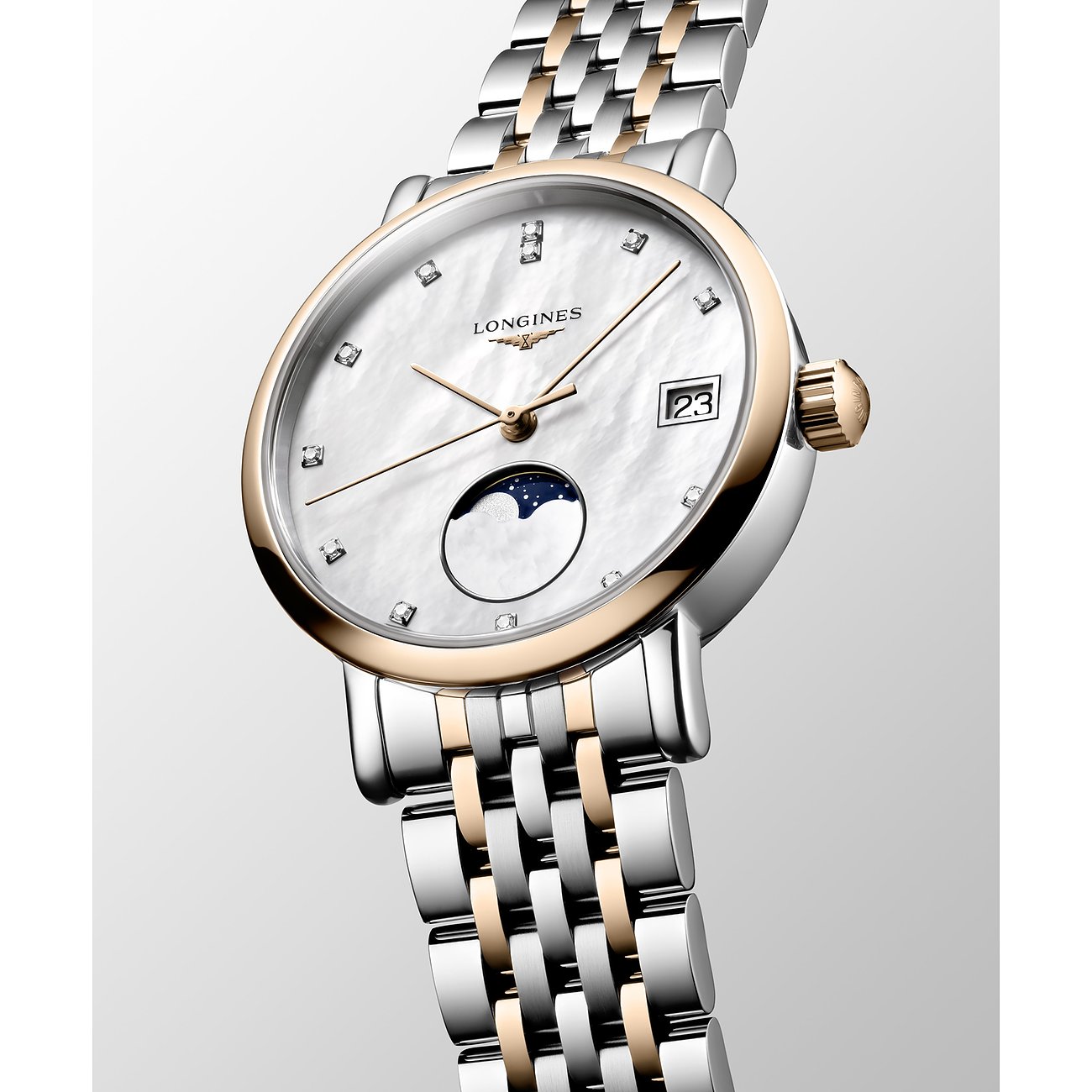 Longines Damenuhr mit Edelstahlgehäuse, roségoldfarbener Lünette und Diamanten.
