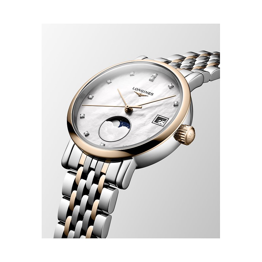 Longines Damenuhr mit Edelstahlgehäuse, bicolor, mit Diamanten und Mondphasenanzeige.
