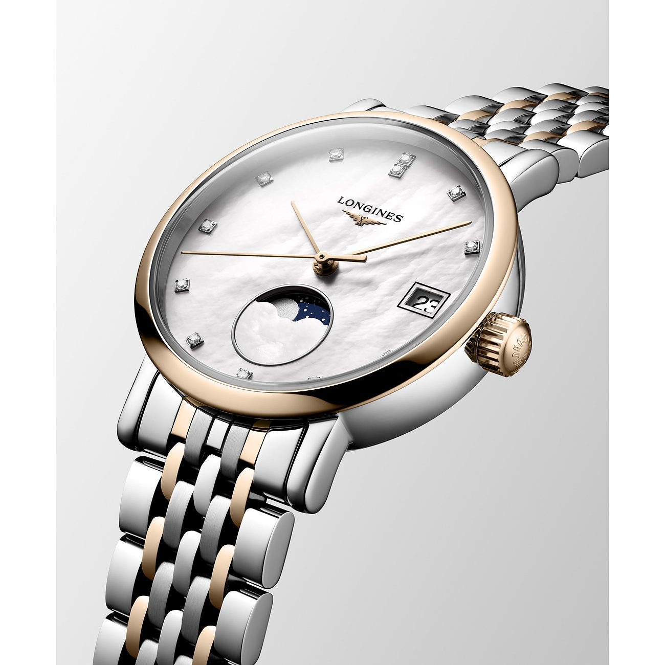 Longines Damenuhr mit Edelstahlgehäuse, bicolor, mit Diamanten und Mondphasenanzeige.