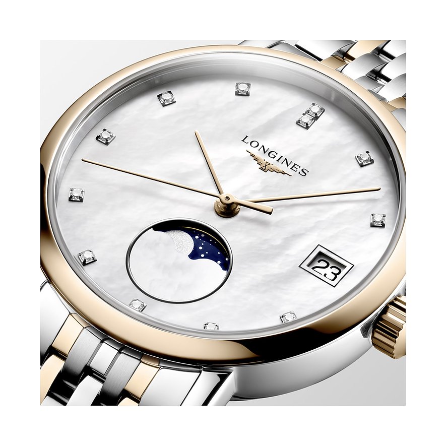 Longines Damenuhr mit Edelstahlgehäuse, Roségold, Diamanten und Mondphase.