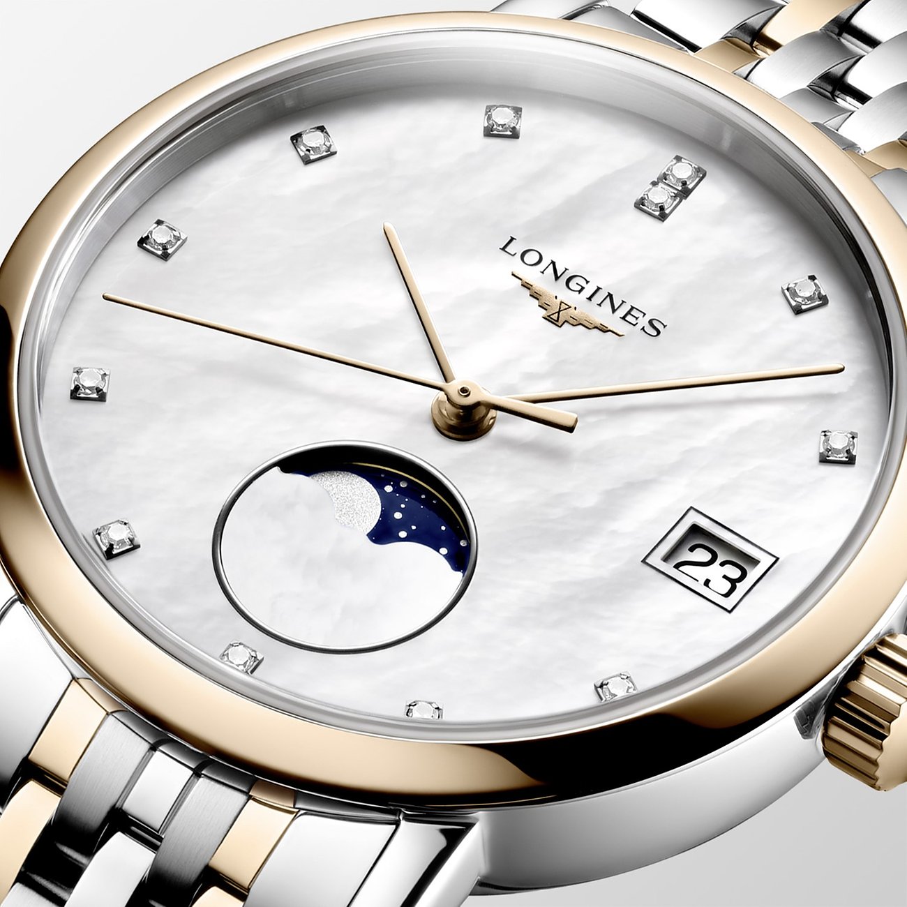 Longines Damenuhr mit Edelstahlgehäuse, Roségold, Diamanten und Mondphase.
