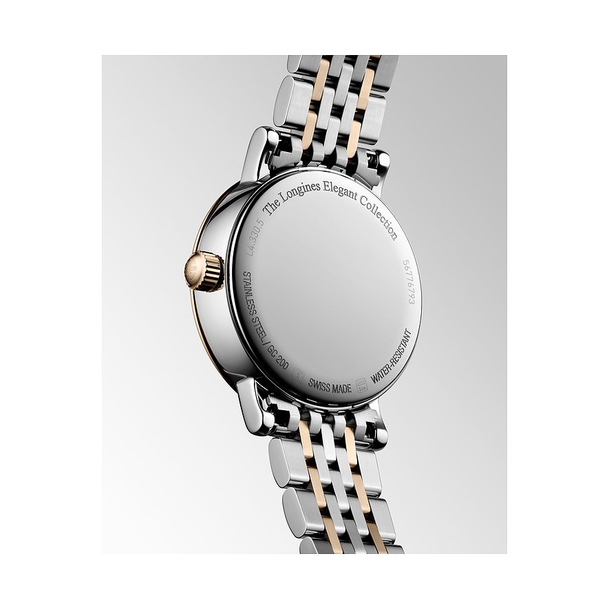 Longines Damenuhr aus Edelstahl und 750 Roségold mit Diamanten.