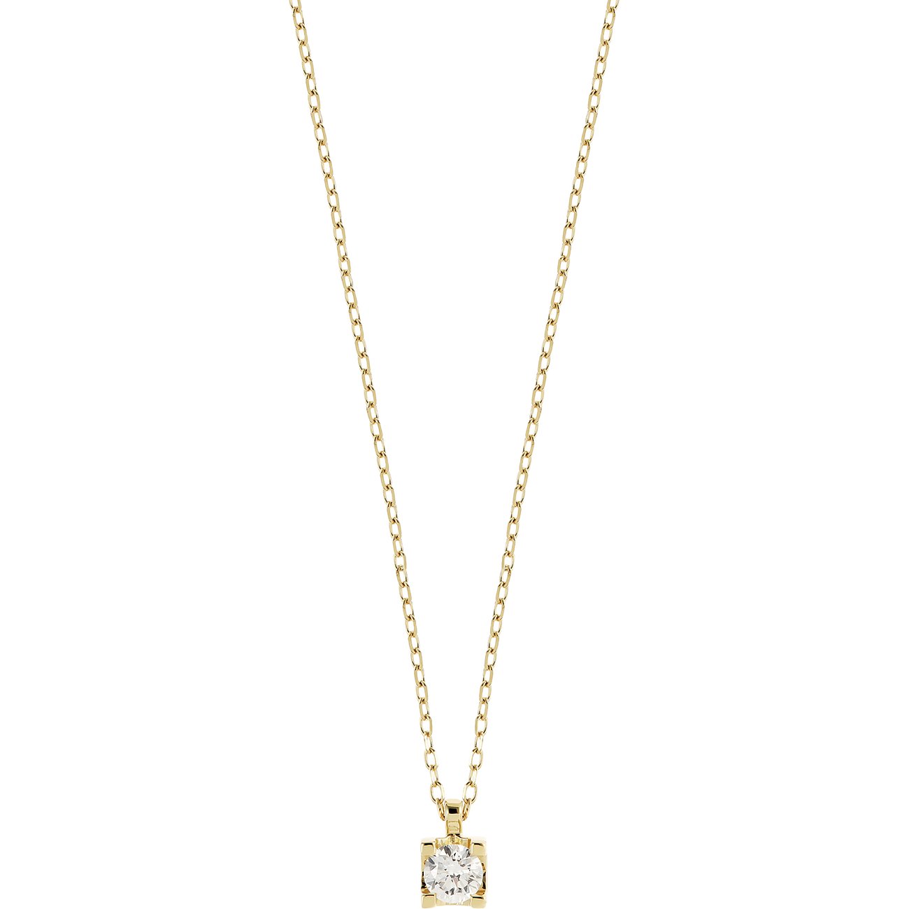 CHRIST 585 geelgouden halsketting met een ronde diamant als hanger, centraal geplaatst op een eenvoudig kettinkje.
