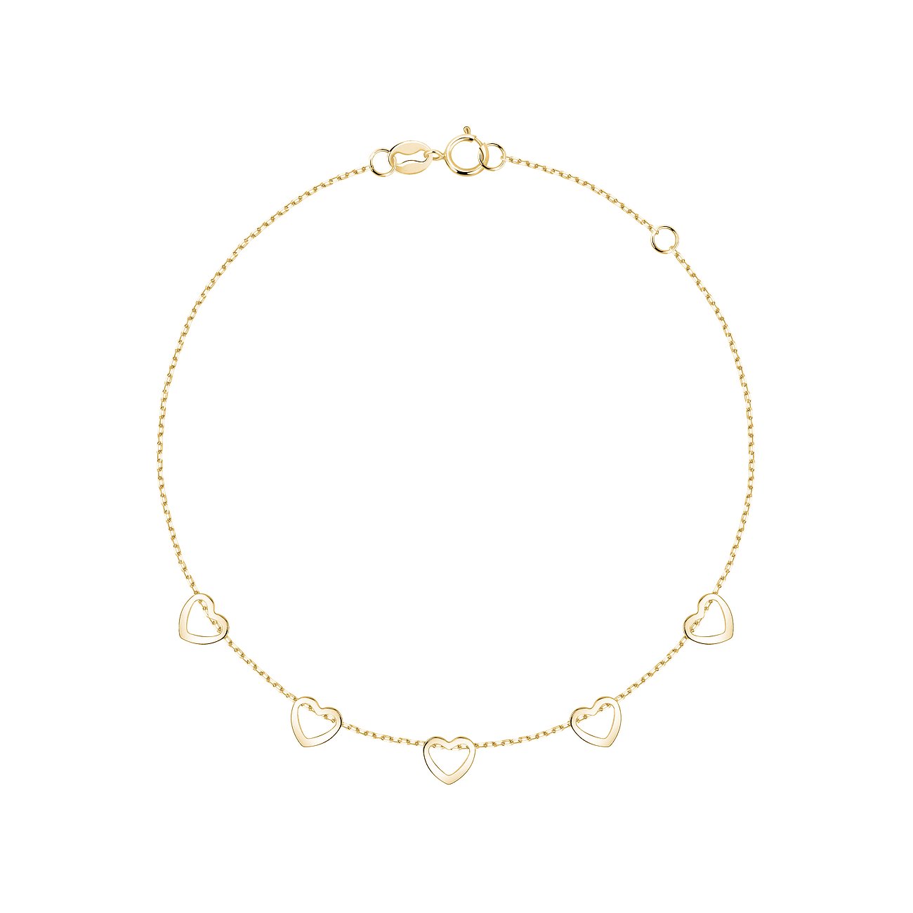 Bracelet CHRIST en or jaune 585 avec sept breloques cœurs et fermoir mousqueton, centré sur fond blanc.