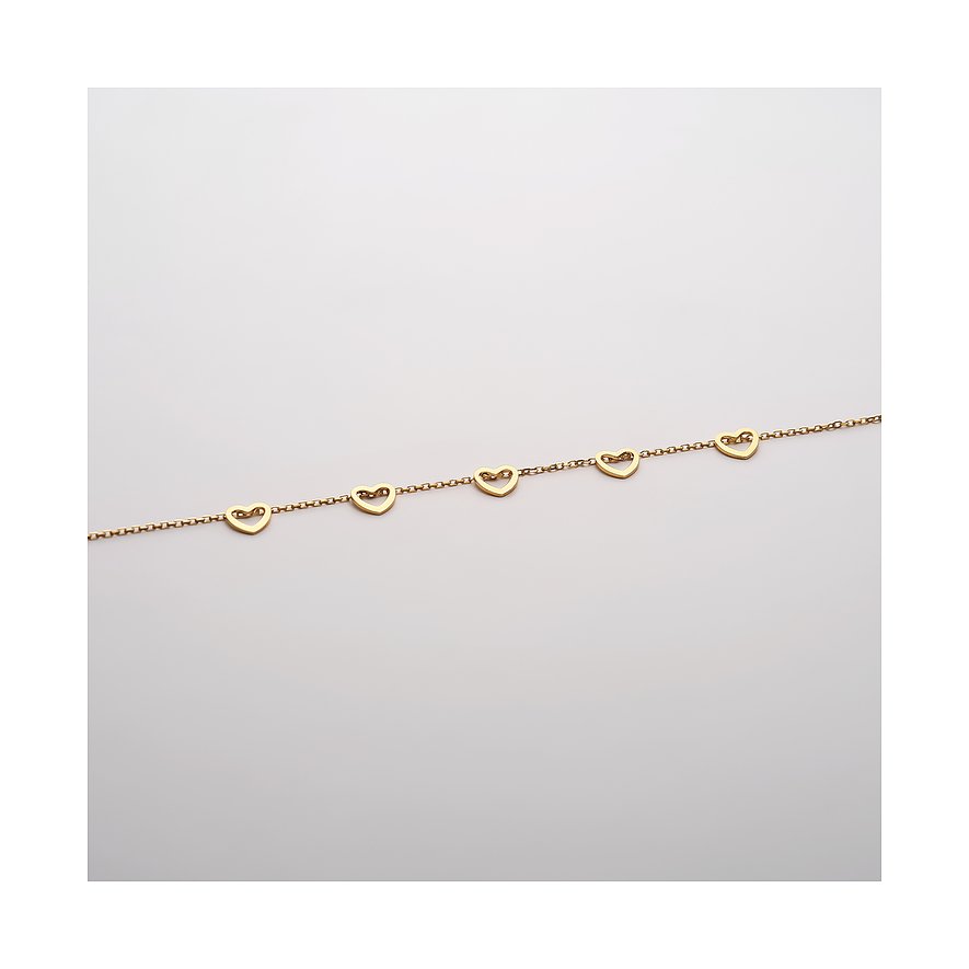 CHRIST Armschmuck aus 585er Gelbgold mit fünf herzförmigen Elementen auf einer feinen Kette.