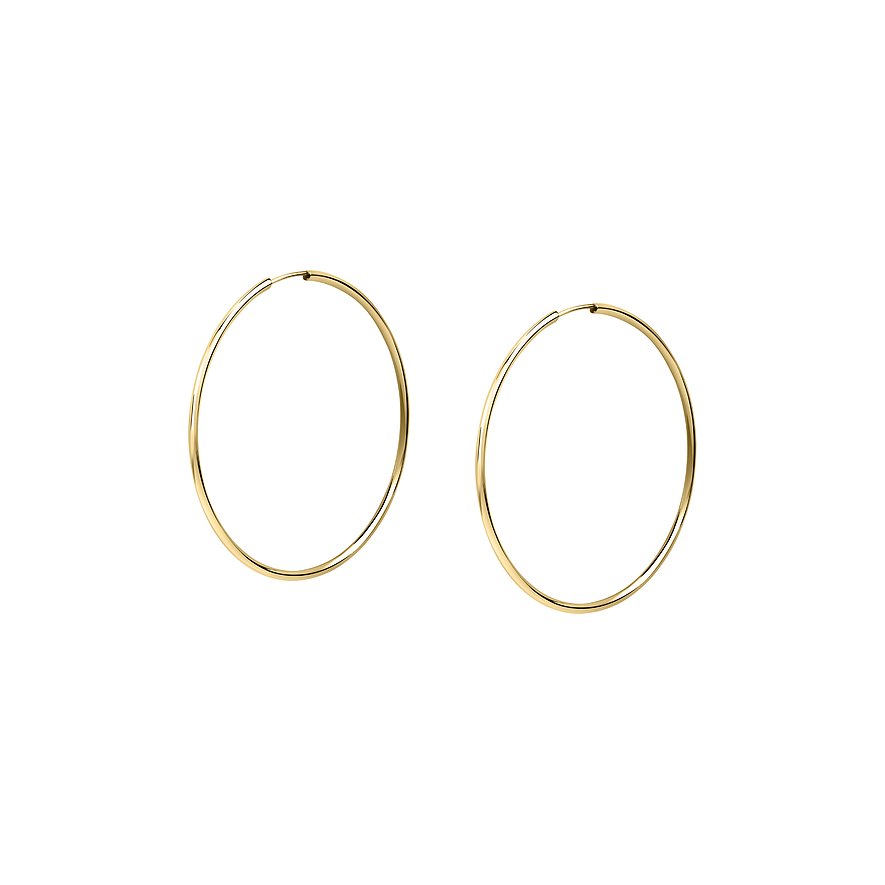 Deux grandes créoles en or jaune 585 brillantes. Les boucles d'oreilles sont étincelantes et reflètent la lumière.