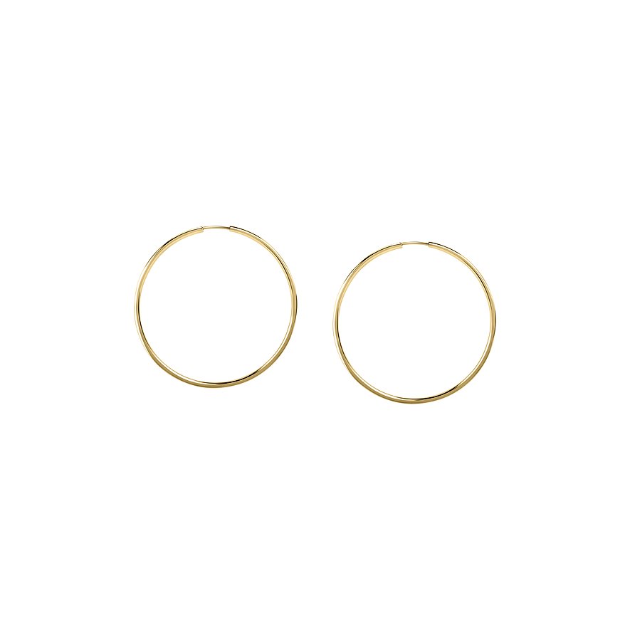 Deux créoles rondes et brillantes en or jaune 585 sur fond blanc, vue de face.