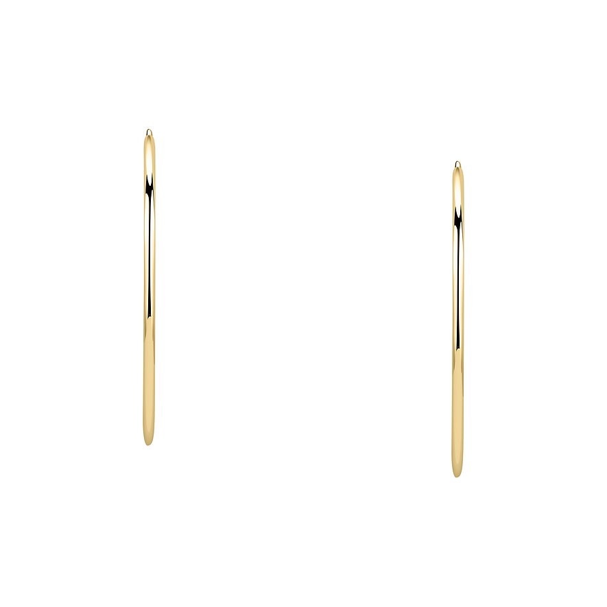 Deux boucles d'oreilles allongées en or jaune 585, surface polie, sur fond blanc.