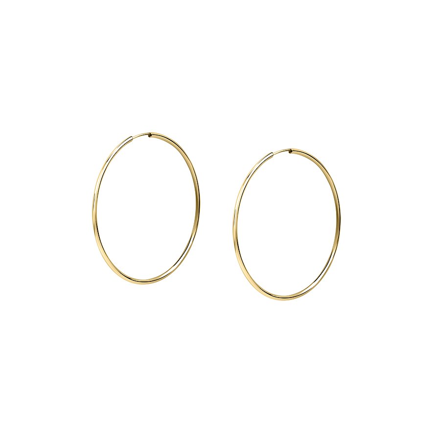 Deux grandes créoles couleur or en or jaune 585 pour boucles d'oreilles, isolées sur fond blanc.