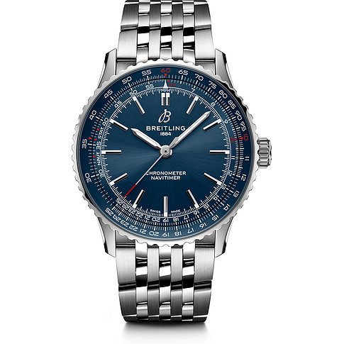 Breitling Herrenuhr mit Edelstahlgehäuse und blauem Zifferblatt.