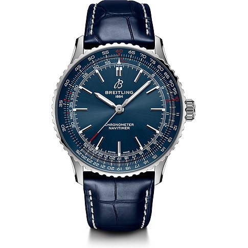 Breitling Herrenuhr mit Edelstahlgehäuse, blauem Zifferblatt und blauem Lederarmband.