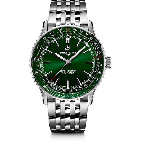 Breitling Herrenuhr mit Edelstahlgehäuse, grünem Zifferblatt und analoger Anzeige.