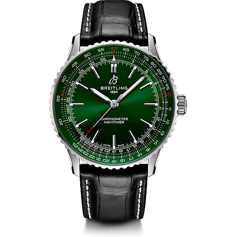 Breitling Herrenuhr mit Edelstahlgehäuse, grünem Zifferblatt und schwarzem Armband.