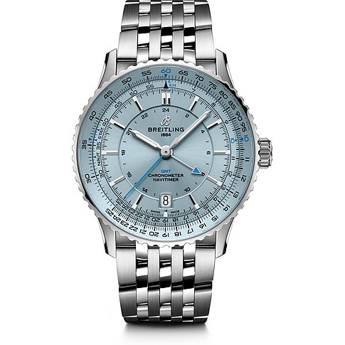 Breitling Herrenuhr mit Edelstahlgehäuse, blauem Zifferblatt und Automatikwerk.