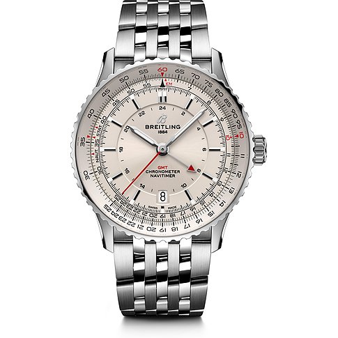 Breitling Herrenuhr aus Edelstahl, analog, mit GMT-Funktion und Datumsanzeige.