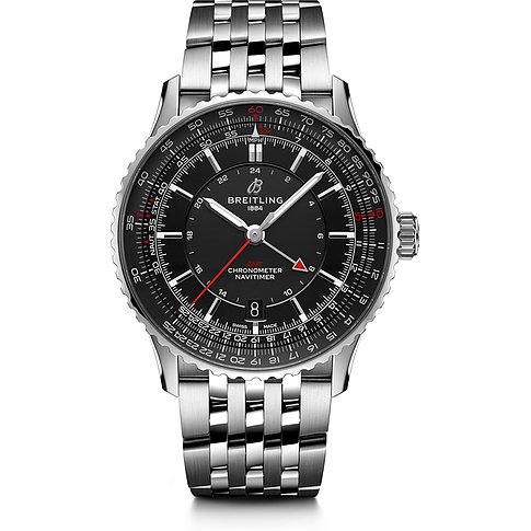 Breitling Herrenuhr aus Edelstahl mit schwarzem Zifferblatt und analoger Anzeige.