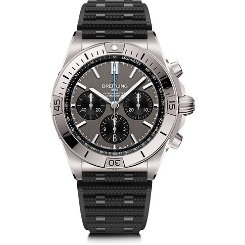 Breitling Herrenuhr mit Titan-Gehäuse, grauem Zifferblatt und Chronograph.