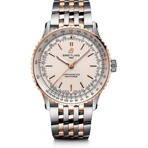 Breitling Herrenuhr mit Edelstahlgehäuse und Rotgold, analog, mit Rechenschieber-Lünette.