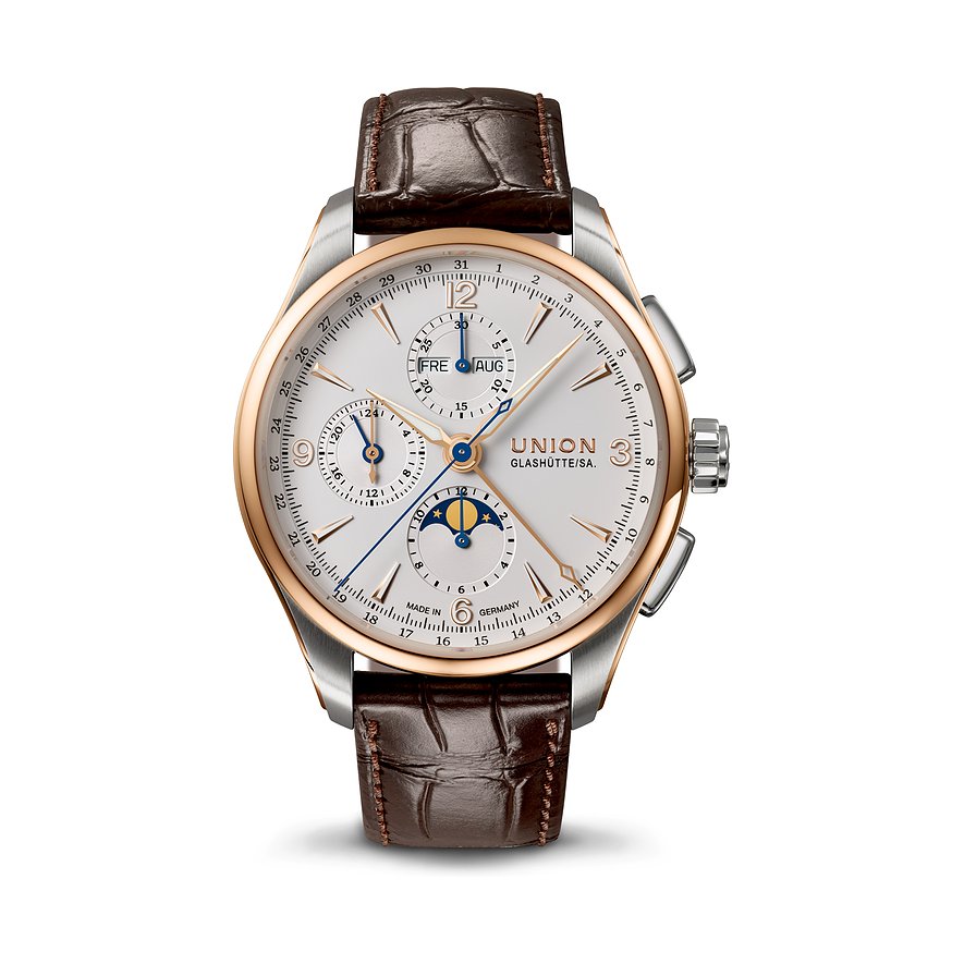 Union Glashütte Chronograph Belisar Chronograph Mondphase D9074254601701, Unisex, Edelstahl, 750er Roségold, Armband: Kalbleder, Automatik, analog