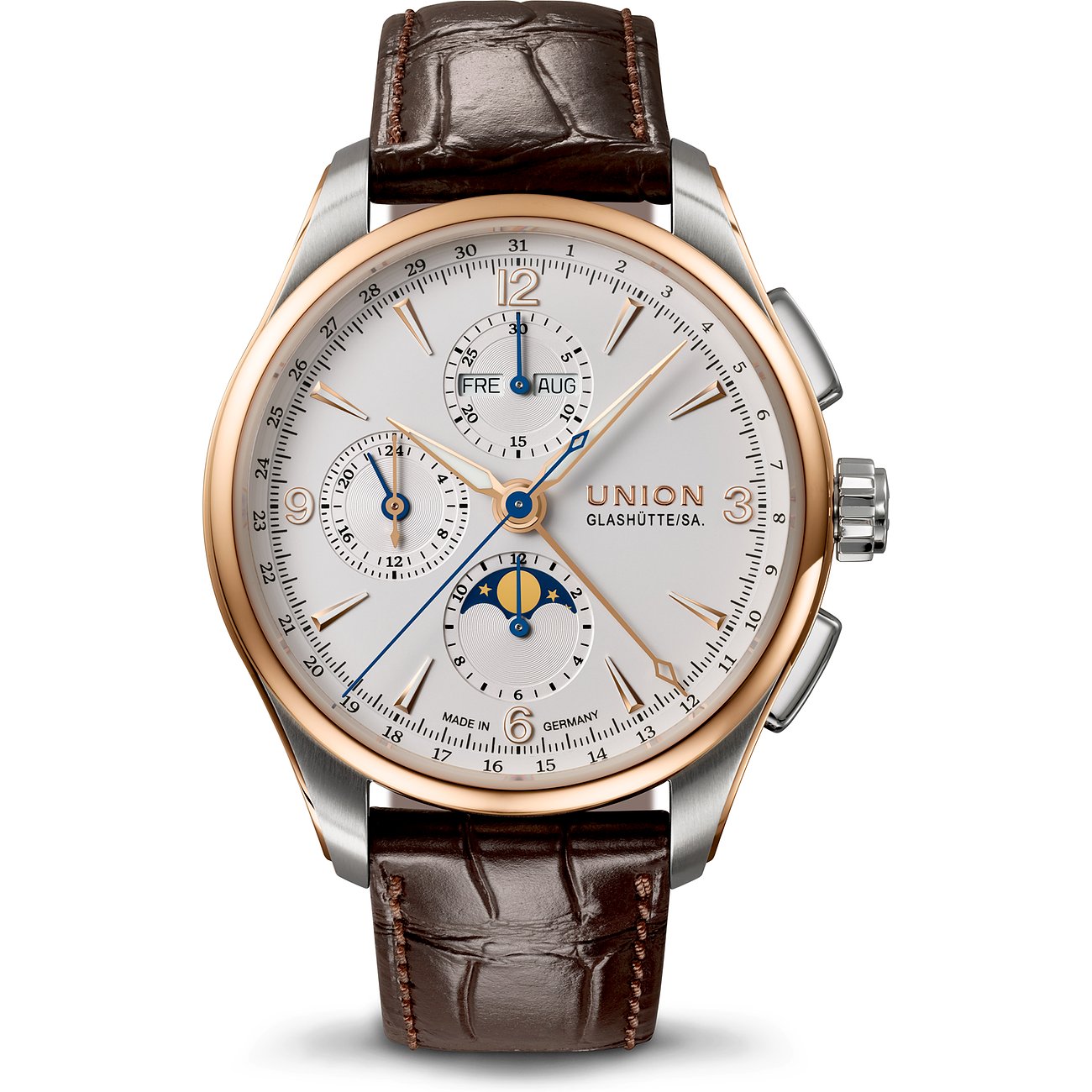 Union Glashütte Herrenuhr aus Edelstahl und 750 Roségold mit analoger Anzeige.