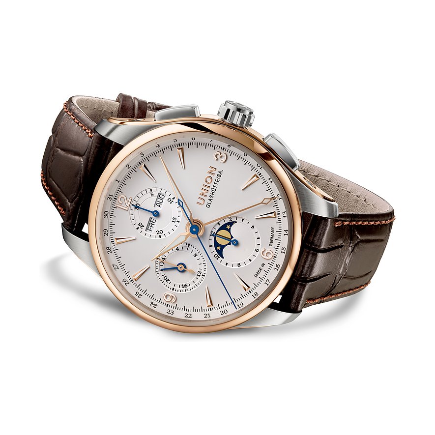 Union Glashütte Herrenuhr mit Edelstahlgehäuse, Roségold, analog, mit Mondphase und Chronograph.