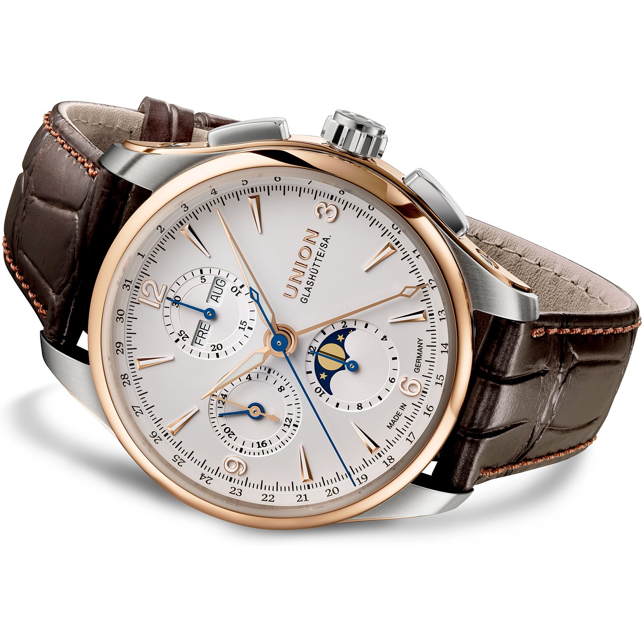 Union Glashütte Herrenuhr mit Edelstahlgehäuse, Roségold, analog, mit Mondphase und Chronograph.