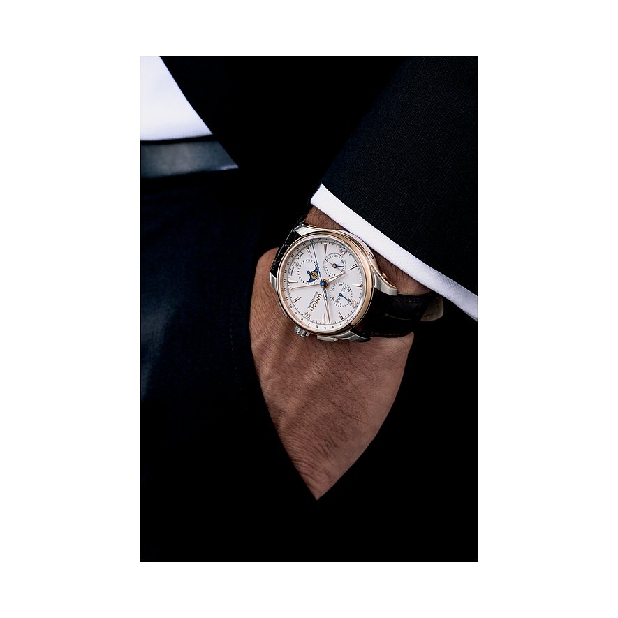 Union Glashütte Herrenuhr mit Edelstahlgehäuse und Roségold-Akzenten, analog.