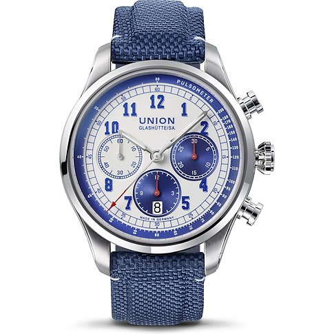 Union Glashütte Herrenuhr mit Edelstahlgehäuse, weißem Zifferblatt und blauen Akzenten.