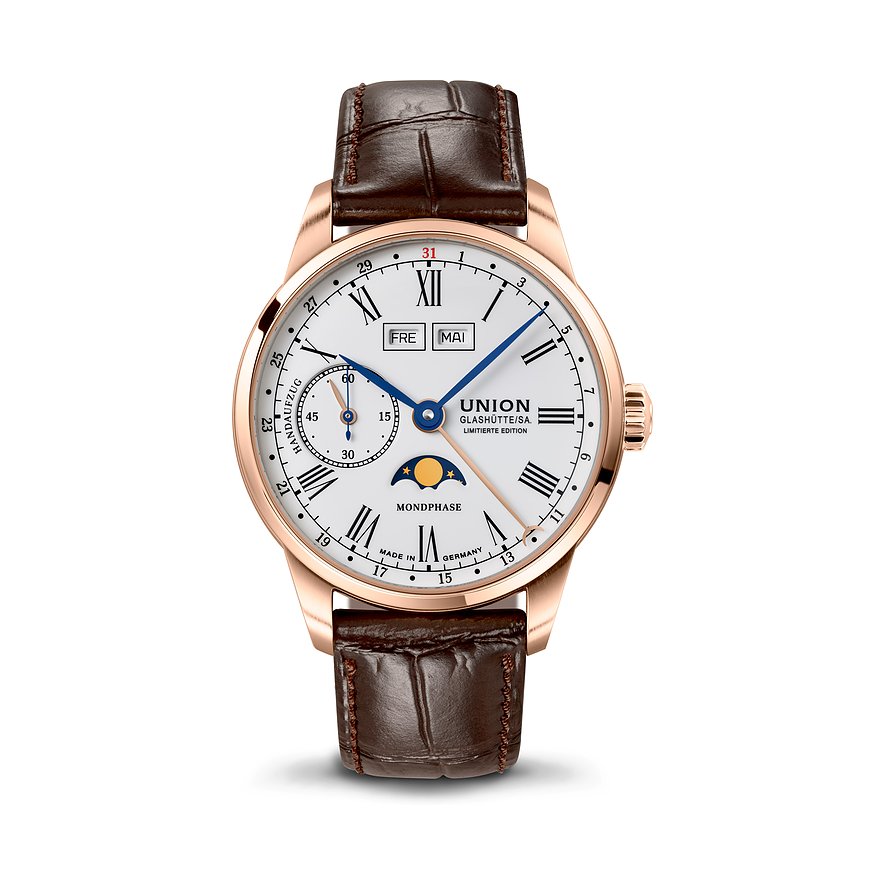 Union Glashütte Herrenuhr 1893 Handaufzug Mondphase D9034587601309, Unisex, 750er Roségold, Armband: Kalbleder, Handaufzug, analog