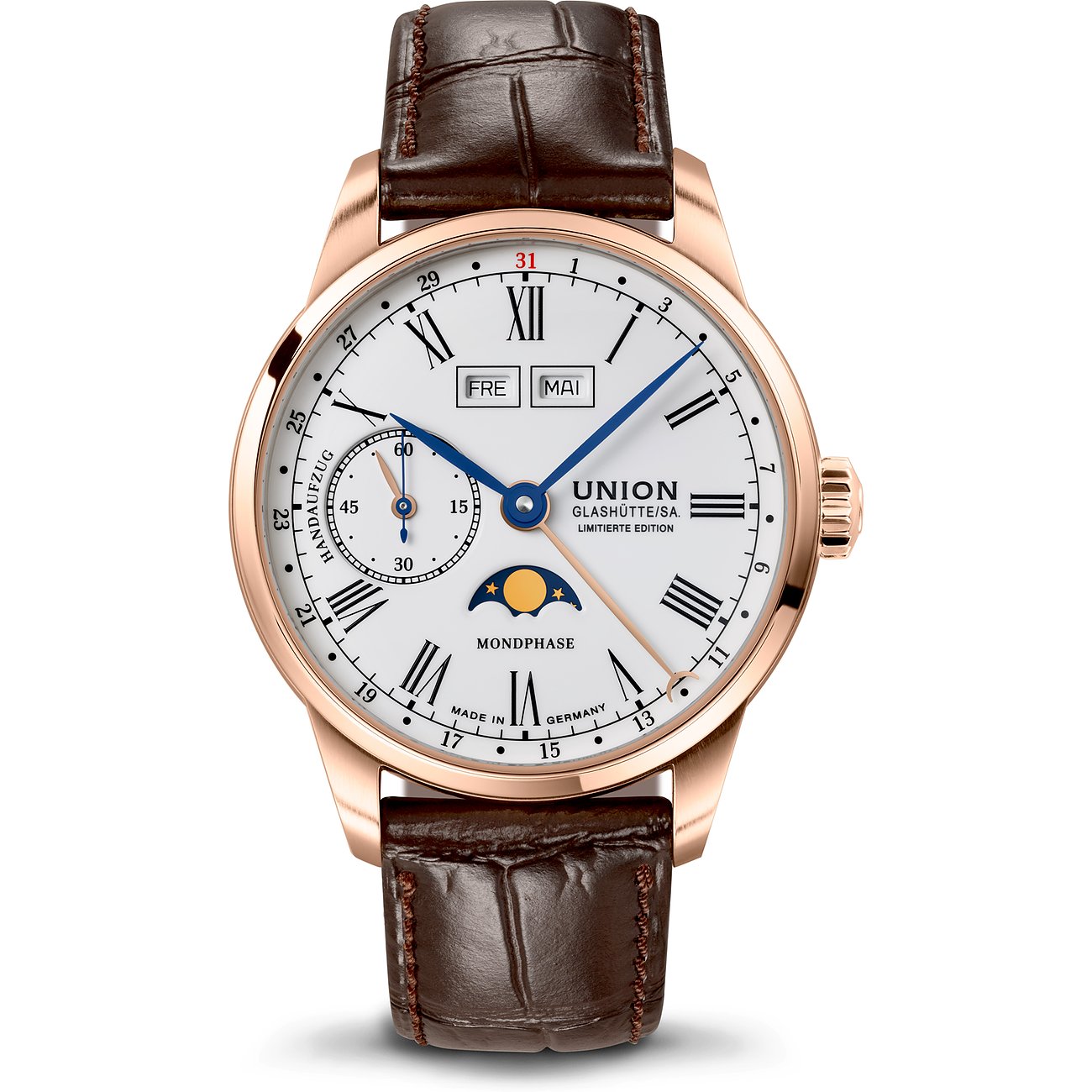 Union Glashütte Herrenuhr aus 750 Roségold mit weißem Zifferblatt und braunem Lederarmband, Ansicht von oben.