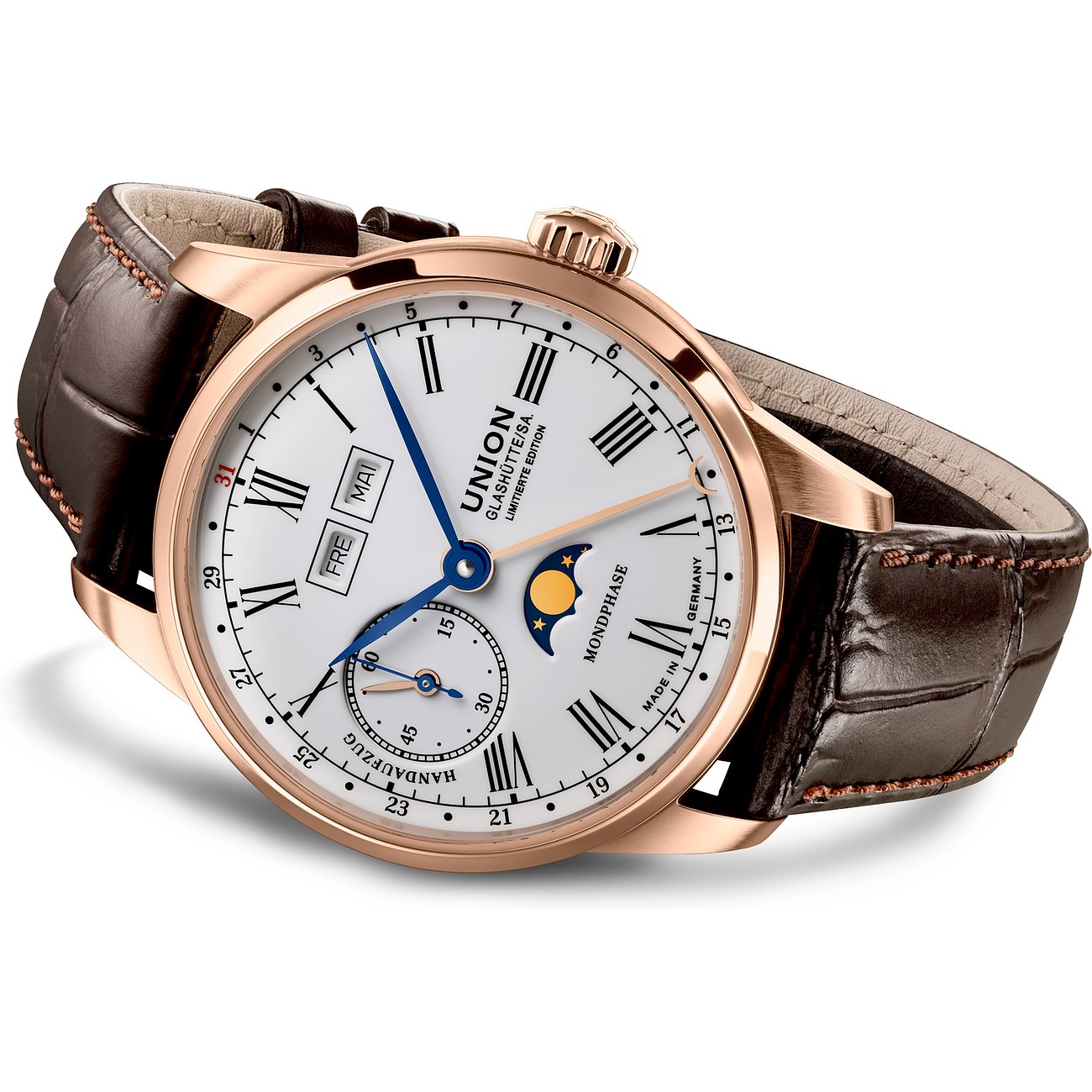 Union Glashütte Herrenuhr aus Roségold mit weißem Zifferblatt und Mondphasenanzeige.