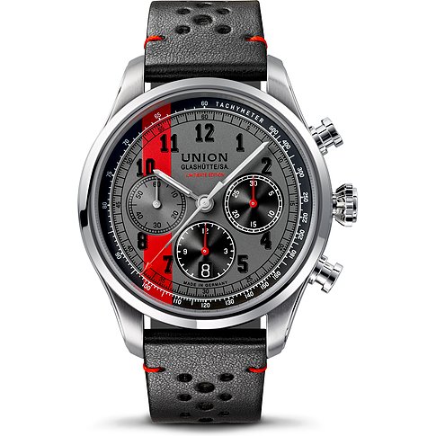 Union Glashütte Chronograph aus Edelstahl mit grauem Zifferblatt und roten Akzenten auf schwarzem Lederarmband.