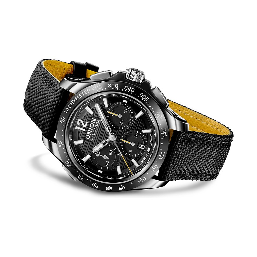 Union Glashütte Chronograph mit Edelstahlgehäuse, schwarzem Zifferblatt und schwarzer Keramik-Lünette.