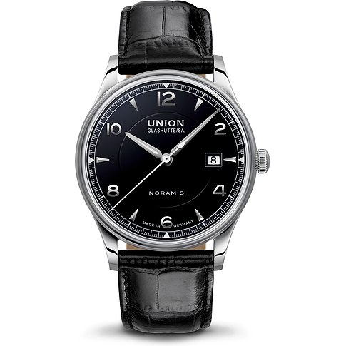 Union Glashütte Noramis Herrenuhr mit Edelstahlgehäuse, schwarzem Zifferblatt und Datum.