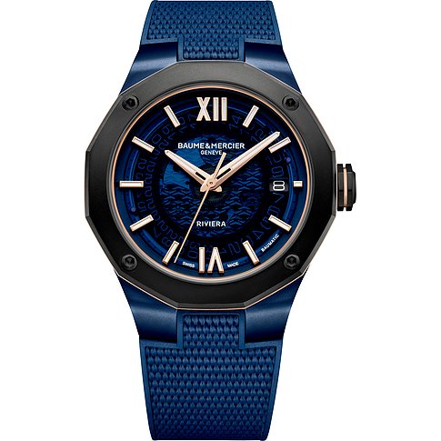 Baume & Mercier Herrenuhr mit Edelstahlgehäuse, blauem Zifferblatt und römischen Ziffern.