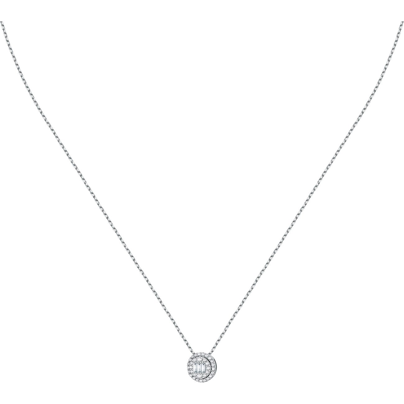 CHRIST Halsschmuck aus 750 Weißgold mit einem Anhänger. Der runde Anhänger ist mit Diamanten besetzt.