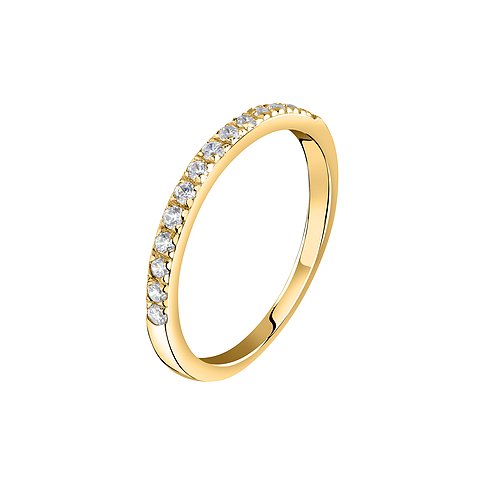 CHRIST 585er Gelbgold Ring mit einer Reihe funkelnder Diamanten, seitlich von oben in Nahaufnahme.