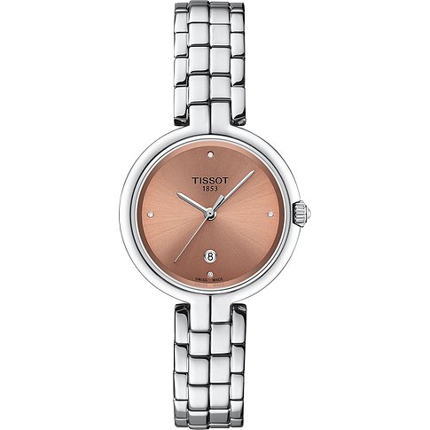 Tissot Damenuhr mit Edelstahlgehäuse, rosafarbenem Zifferblatt und Diamanten.