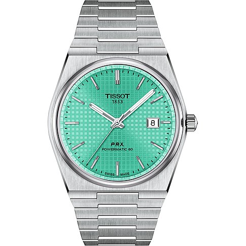 Tissot PRX Powermatic 80 Unisexuhr aus Edelstahl mit mintgrünem Zifferblatt und Datum bei 3 Uhr