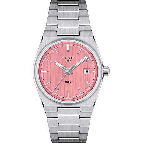 Tissot PRX Uhr mit Edelstahlgehäuse, analoger Anzeige und pinkem Zifferblatt.