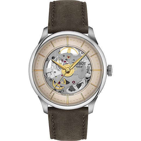 Tissot Unisexuhr mit Edelstahlgehäuse, Automatikwerk und braunem Lederarmband.