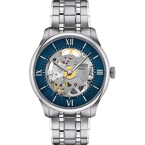 Tissot Unisexuhr mit Edelstahlgehäuse, blauem Zifferblatt und skelettiertem Werk.