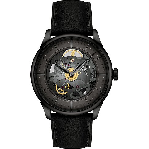 Tissot Unisexuhr mit Edelstahlgehäuse, skelettiert, analog, schwarzes Armband.