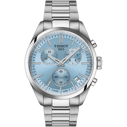 Tissot Herrenuhr mit Edelstahlgehäuse und blauem Zifferblatt.