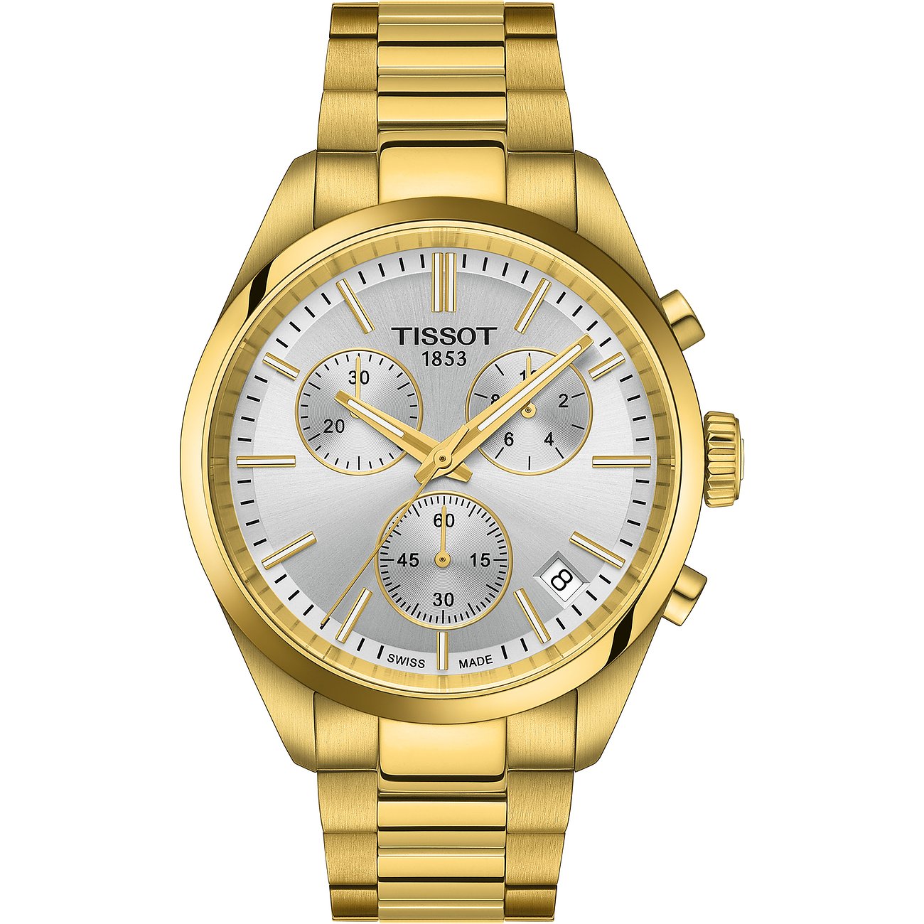 Tissot Herrenuhr mit Edelstahlgehäuse, goldfarben, analog mit Chronograph.